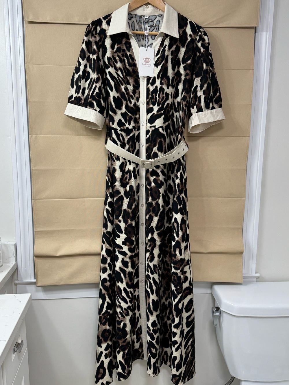 Leopard Print Button-Front Shirt Dress with Belt and Pockets Cream/Black